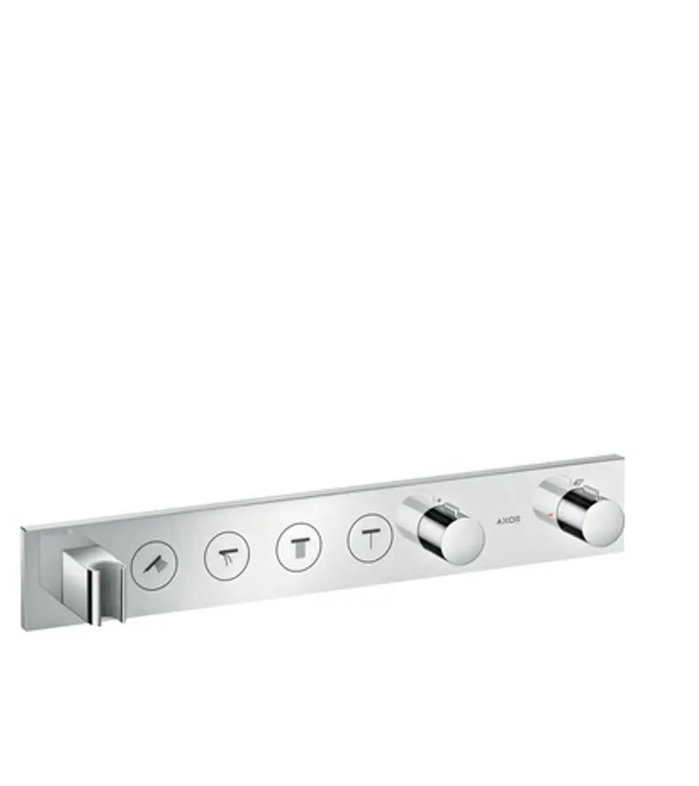 Thermostatmodul mit drei Drehreglern und vier Bedienelementen, präsentiert von AXOR, geeignet für die Installation in Duschsystemen. Oberfläche in glänzendem Chrom.